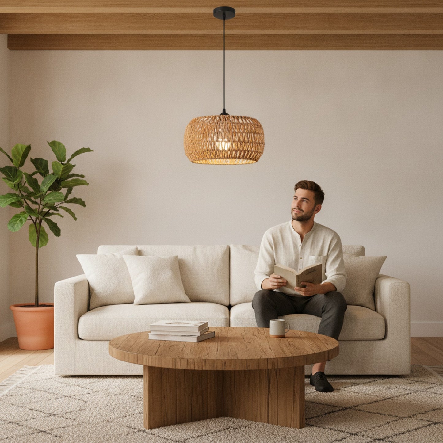 Suspension Luminaire Bohème en Rotin Tressé - Lampe Suspendue E27 pour Salon, Chambre, Cuisine