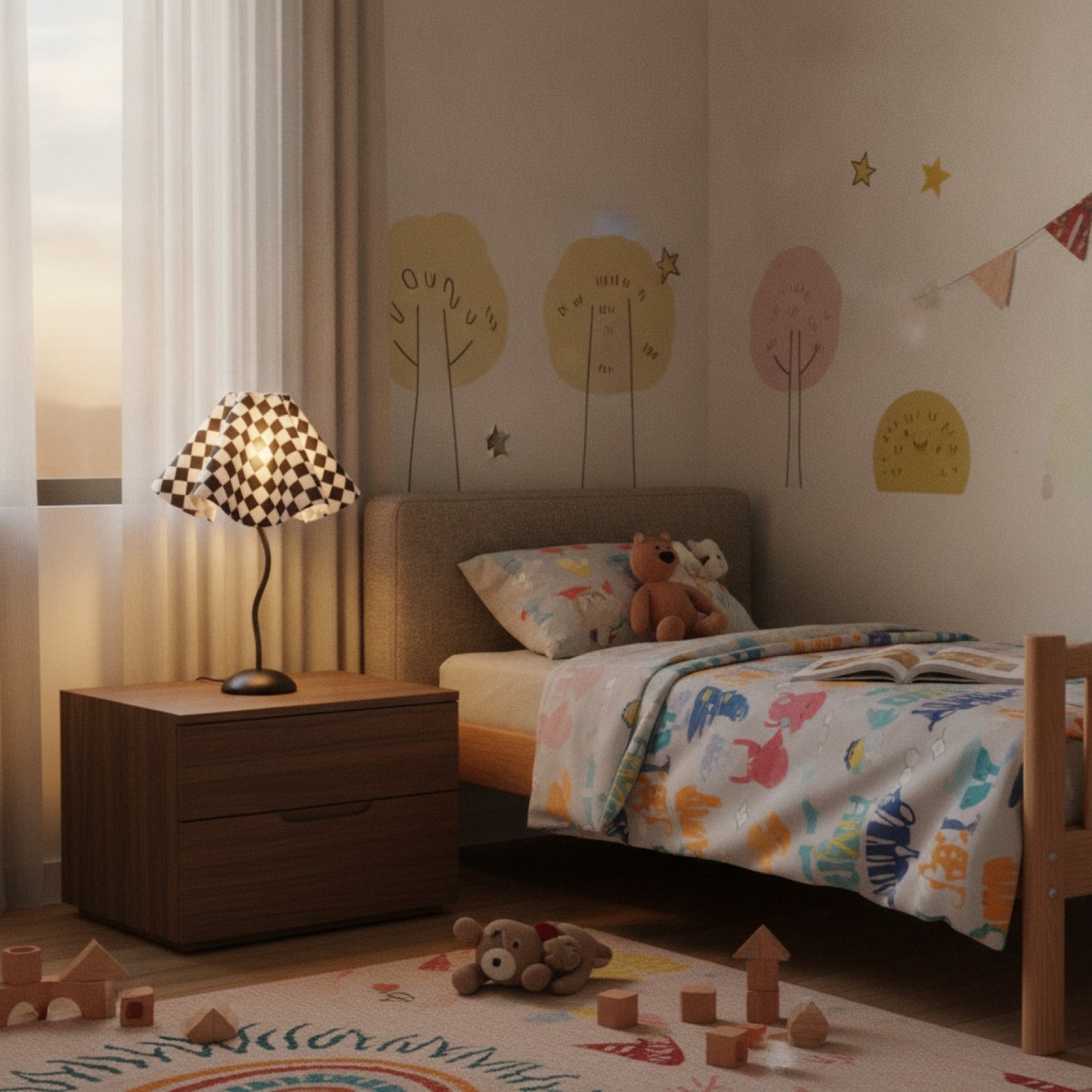 Abat-Jour Enfant Emerald : Design Ondulé et Motif Damier pour Chambre
