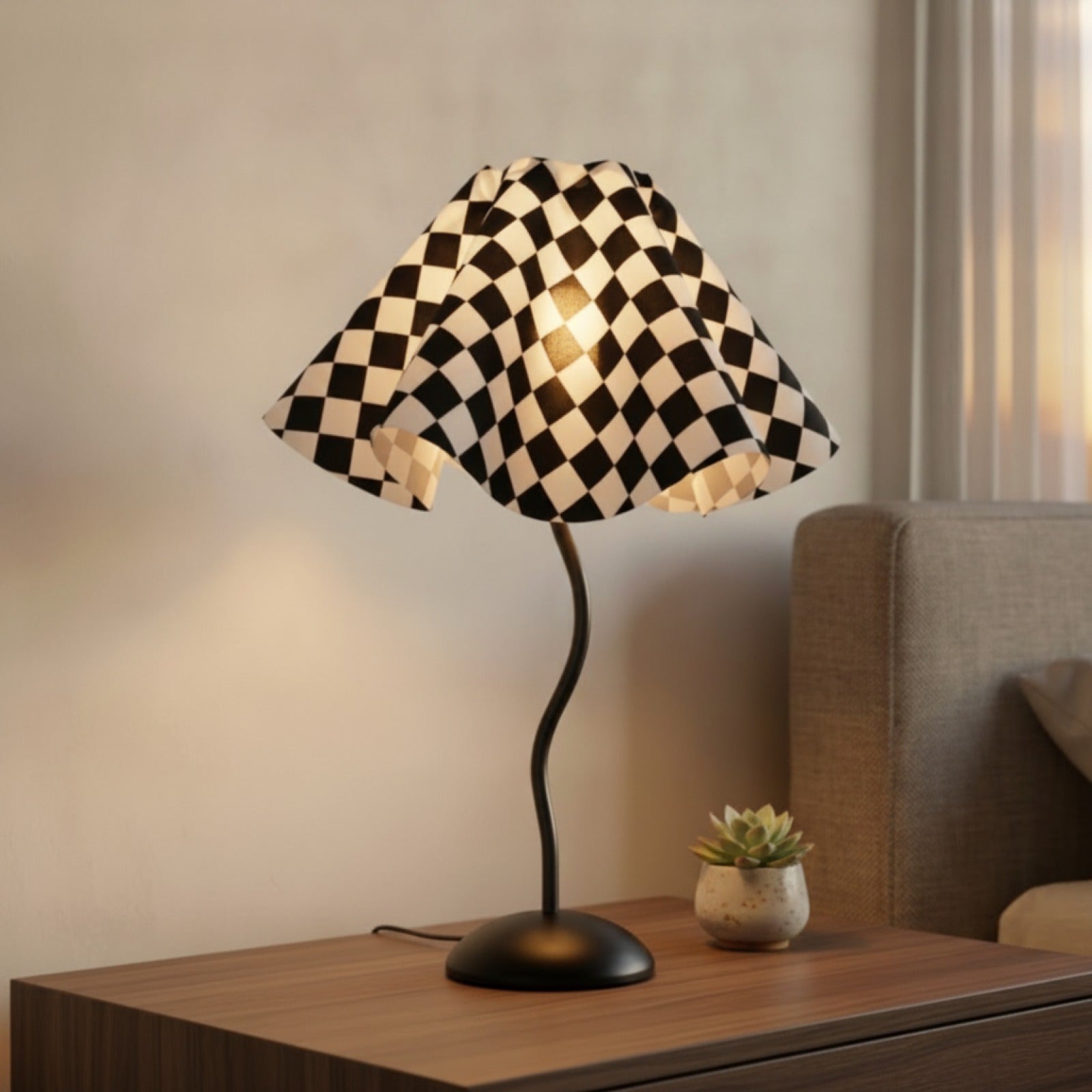 Abat-Jour Enfant Emerald : Design Ondulé et Motif Damier pour Chambre