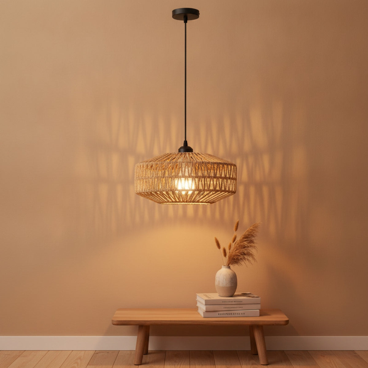 Suspension Bohème en Rotin Tressé - Lampe Vintage E27 pour Salon, Chambre, Cuisine