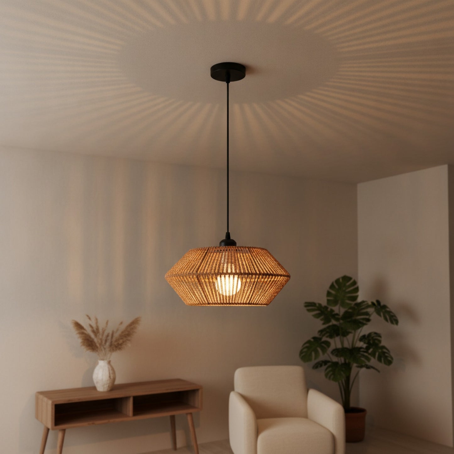 Suspension Bohème en Rotin Tressé - Lampe Vintage pour Salon, Chambre, Cuisine