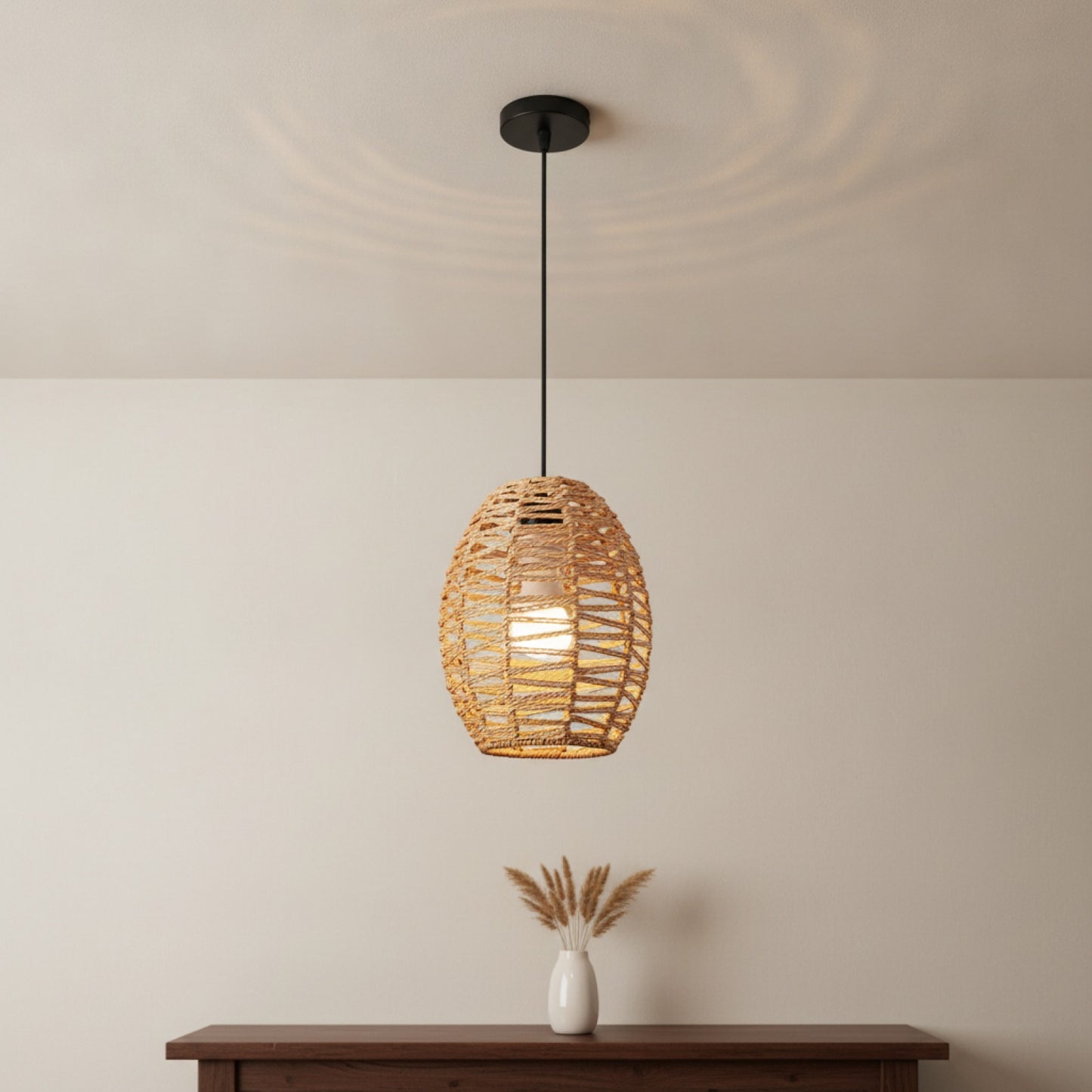 Suspension Bohème en Rotin Tressé - Lampe Vintage E27 pour Salon, Chambre, Cuisine