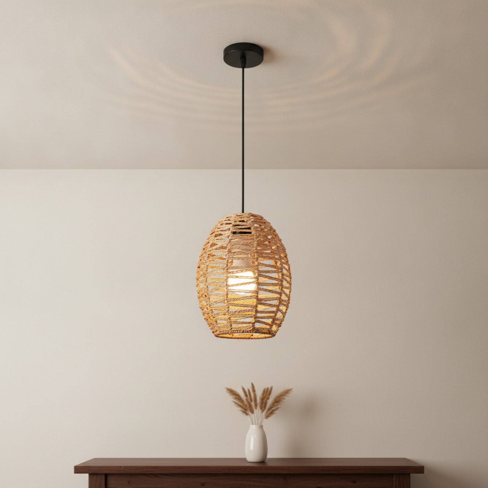 Suspension Bohème en Rotin Tressé - Lampe Vintage E27 pour Salon, Chambre, Cuisine