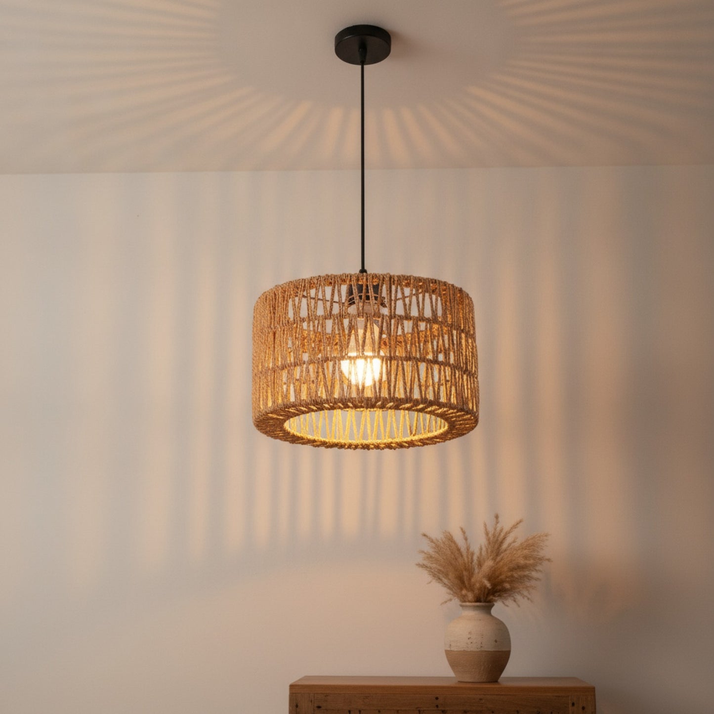 Suspension Bohème en Rotin Tressé - Lampe Vintage E27 pour Salon, Chambre, Cuisine