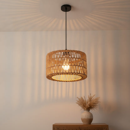 Suspension Bohème en Rotin Tressé - Lampe Vintage E27 pour Salon, Chambre, Cuisine