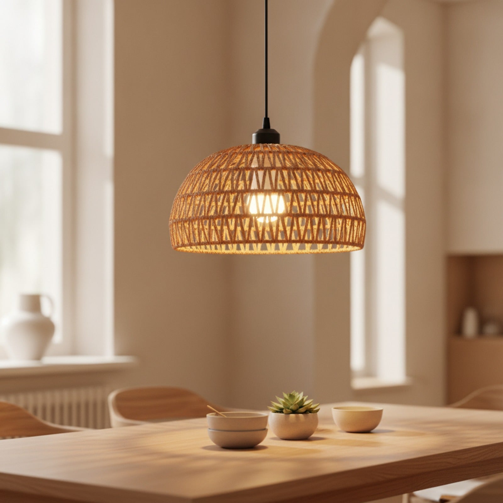 Suspension Luminaire Bohème en Rotin Tissé - Lampe Suspendue E27 pour Salon, Chambre, Cuisine
