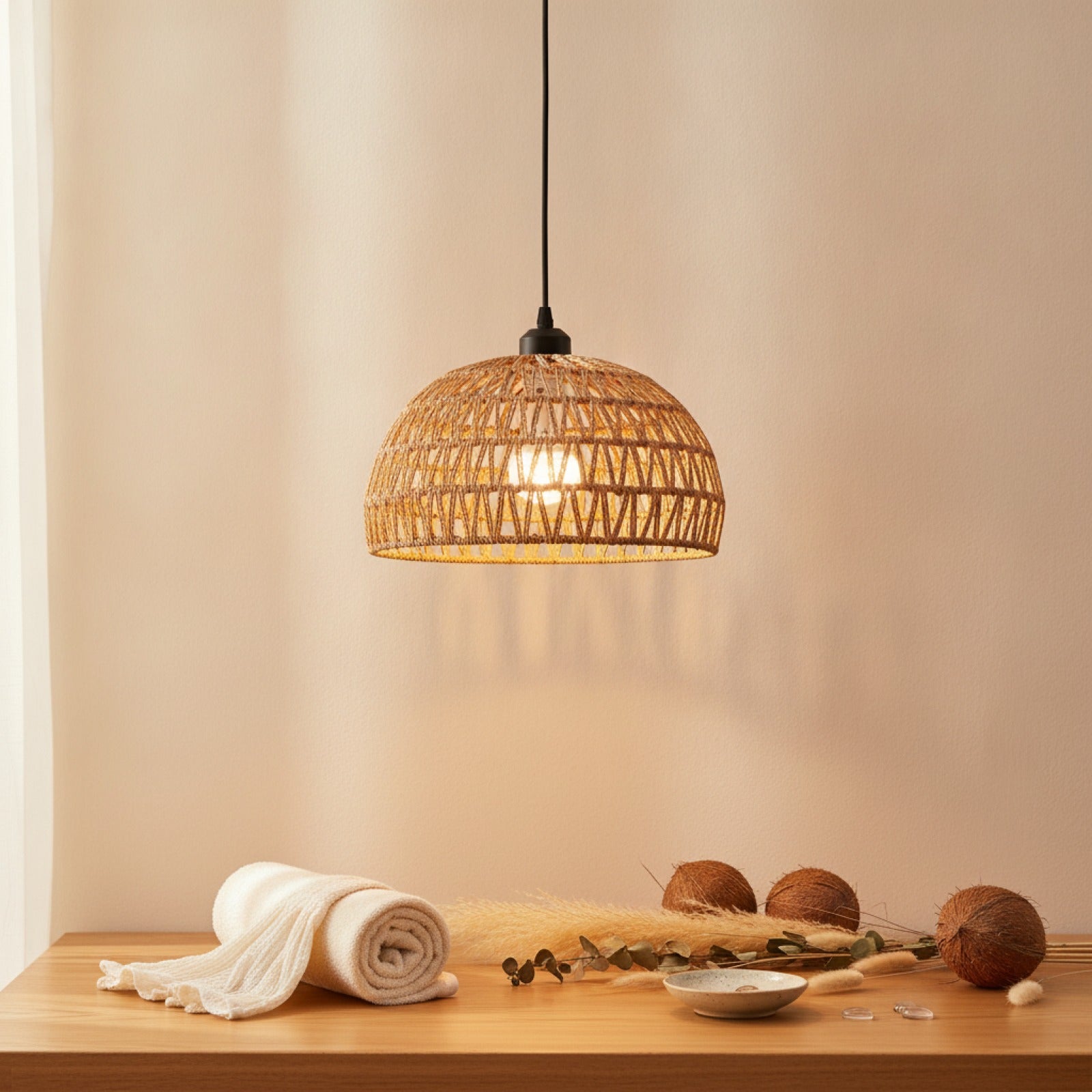 Suspension Luminaire Bohème en Rotin Tissé - Lampe Suspendue E27 pour Salon, Chambre, Cuisine