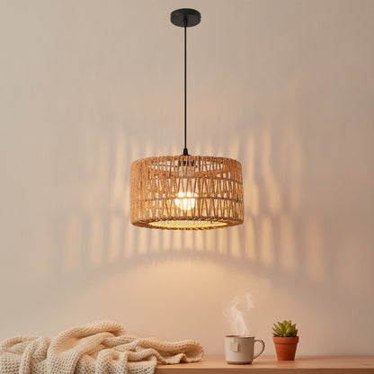 Suspension Bohème en Rotin Tressé - Lampe Vintage E27 pour Salon, Chambre, Cuisine