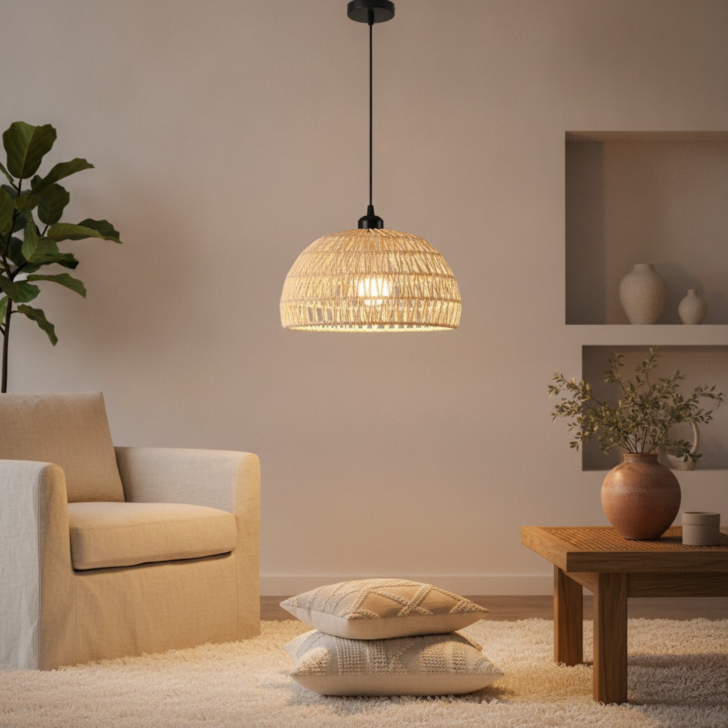 Suspension Luminaire Bohème en Rotin Tissé - Lampe Suspendue E27 pour Salon, Chambre, Cuisine