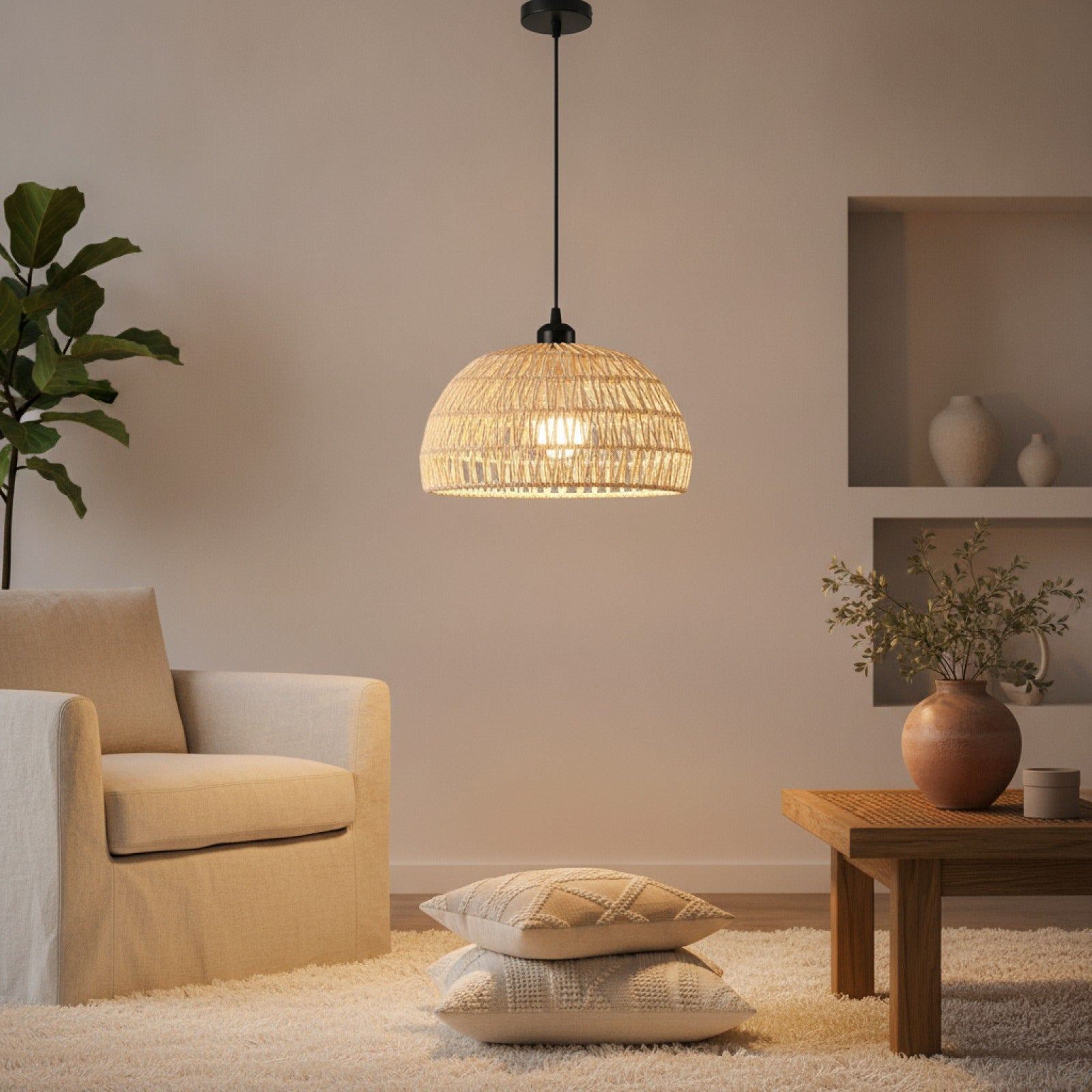 Suspension Luminaire Bohème en Rotin Tissé - Lampe Suspendue E27 pour Salon, Chambre, Cuisine