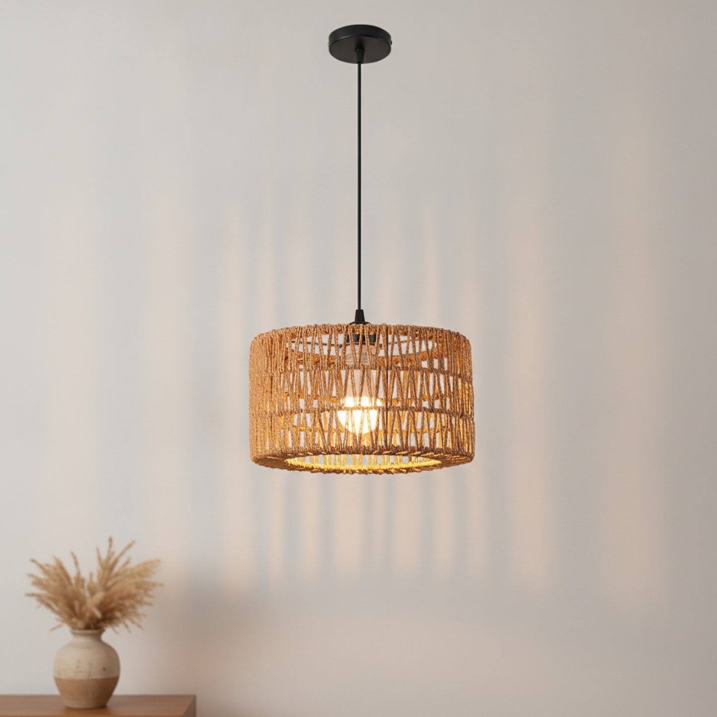 Suspension Bohème en Rotin Tressé - Lampe Vintage E27 pour Salon, Chambre, Cuisine