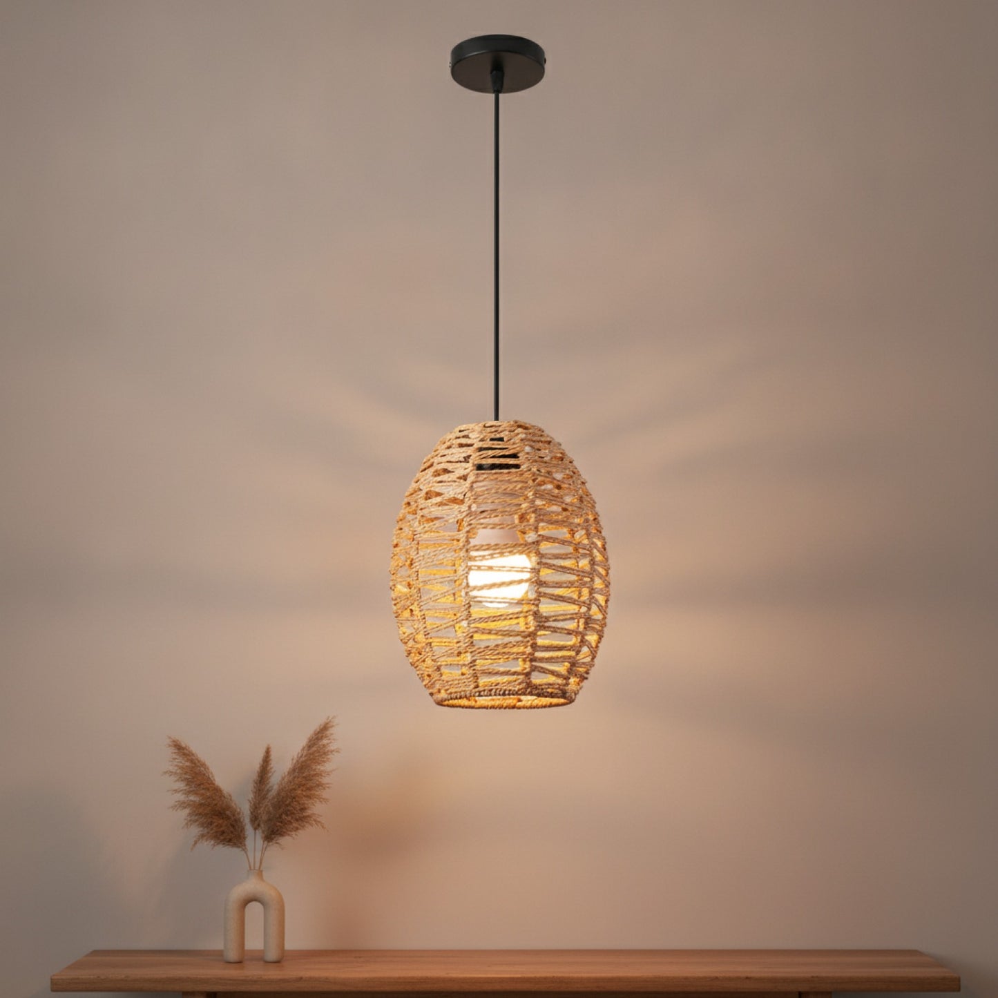 Suspension Bohème en Rotin Tressé - Lampe Vintage E27 pour Salon, Chambre, Cuisine