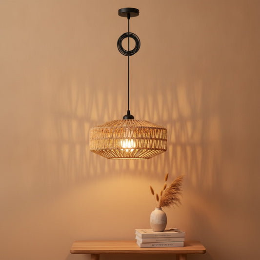 Suspension Bohème en Rotin Tressé - Lampe Vintage E27 pour Salon, Chambre, Cuisine