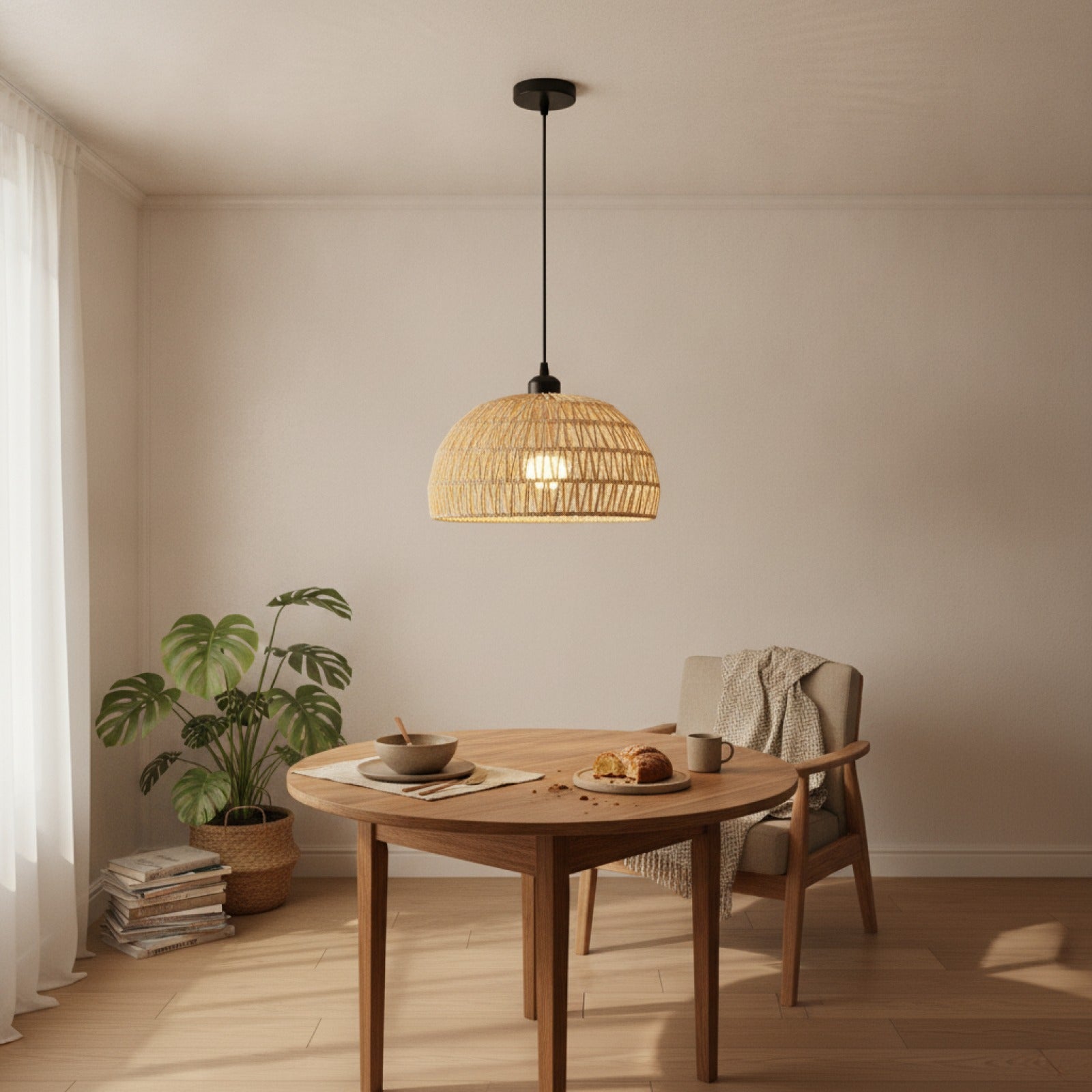 Suspension Luminaire Bohème en Rotin Tissé - Lampe Suspendue E27 pour Salon, Chambre, Cuisine
