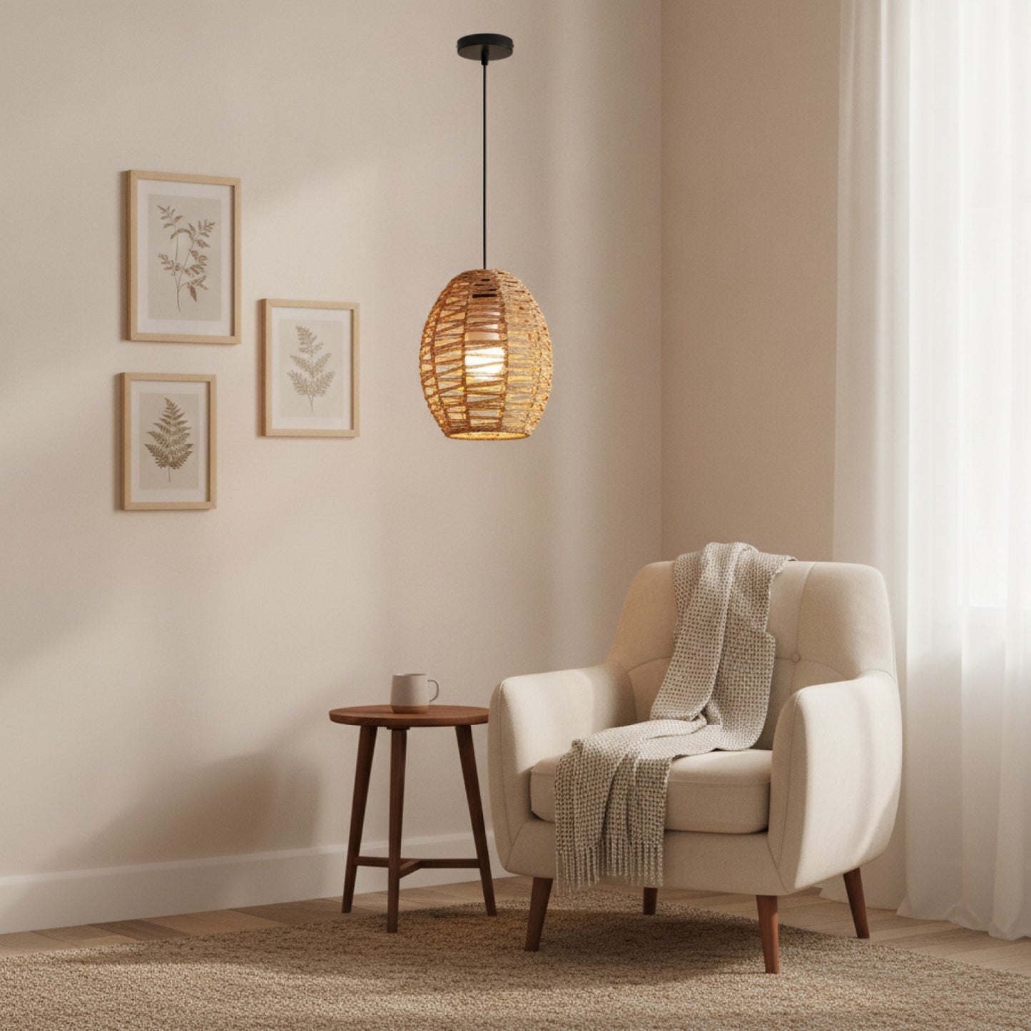 Suspension Bohème en Rotin Tressé - Lampe Vintage E27 pour Salon, Chambre, Cuisine