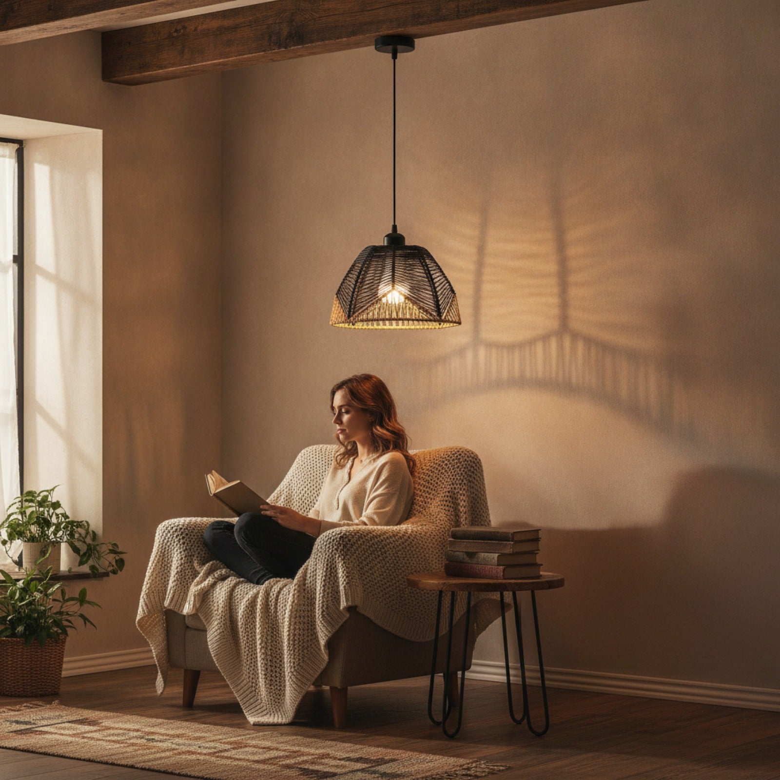 Suspension Luminaire Bohème en Rotin Tressé - Lampe Suspendue Vintage E27 pour Salon, Chambre, Cuisine