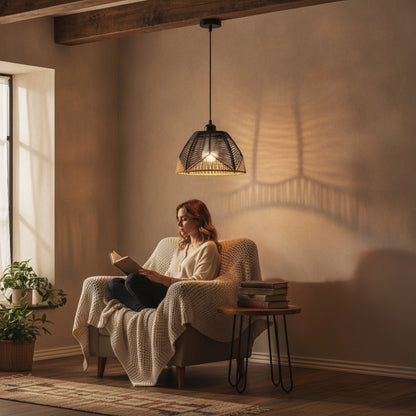 Suspension Luminaire Bohème en Rotin Tressé - Lampe Suspendue Vintage E27 pour Salon, Chambre, Cuisine