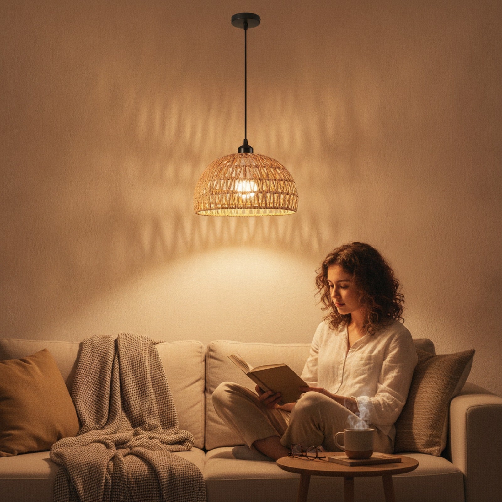 Suspension Luminaire Bohème en Rotin Tissé - Lampe Suspendue E27 pour Salon, Chambre, Cuisine