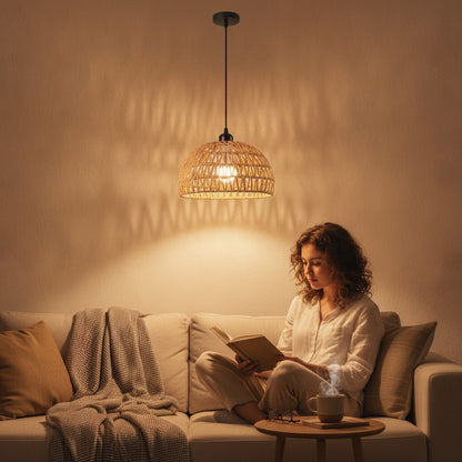 Suspension Luminaire Bohème en Rotin Tissé - Lampe Suspendue E27 pour Salon, Chambre, Cuisine